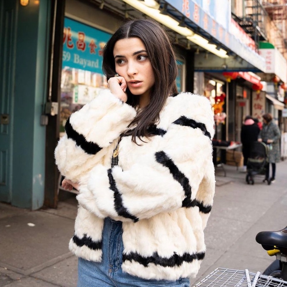 HM Black and White Striped Faux Fur Coat